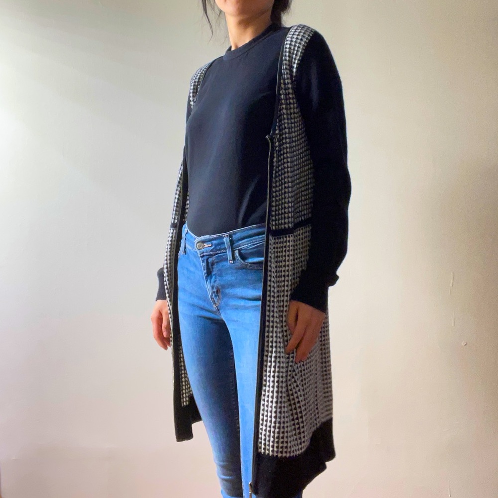 Club Monaco cardigan, sweater dress in black and white checkered
